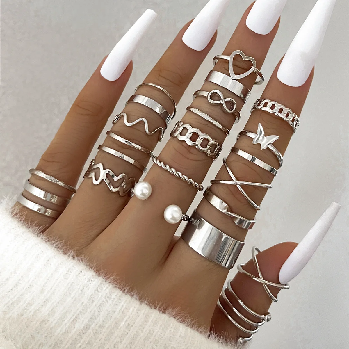 Fashion Simple Wave Joint Rings Set For Women Crystal Heart Shape Gold Silver Color Ring Female Party Jewelry - Image 12