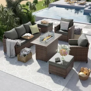 Outdoor Patio Furniture Set with 44" Fire Pit Table for Garden Backyard Deck, 6 Pieces Sectional Conversation Sets