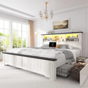 Queen Bed Frame with Headboard and Storage, 4 Drawers & LED & USB Bed Frame Queen Size with Storage Farmhouse,