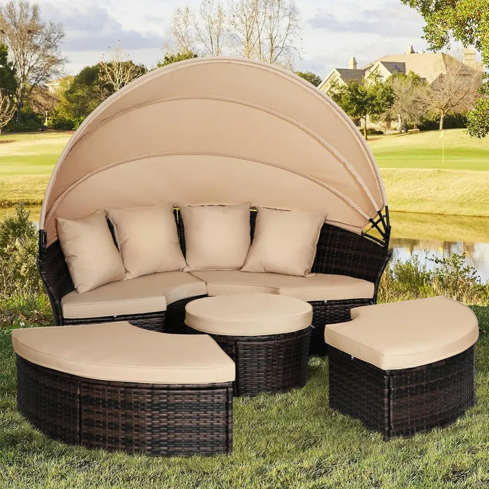 Garden Sofa Bed W/Washable Cushions, Sofa Bed Round Daybed W/Clamshell Sectional Seating Wicker Furniture & Retractable Canopy