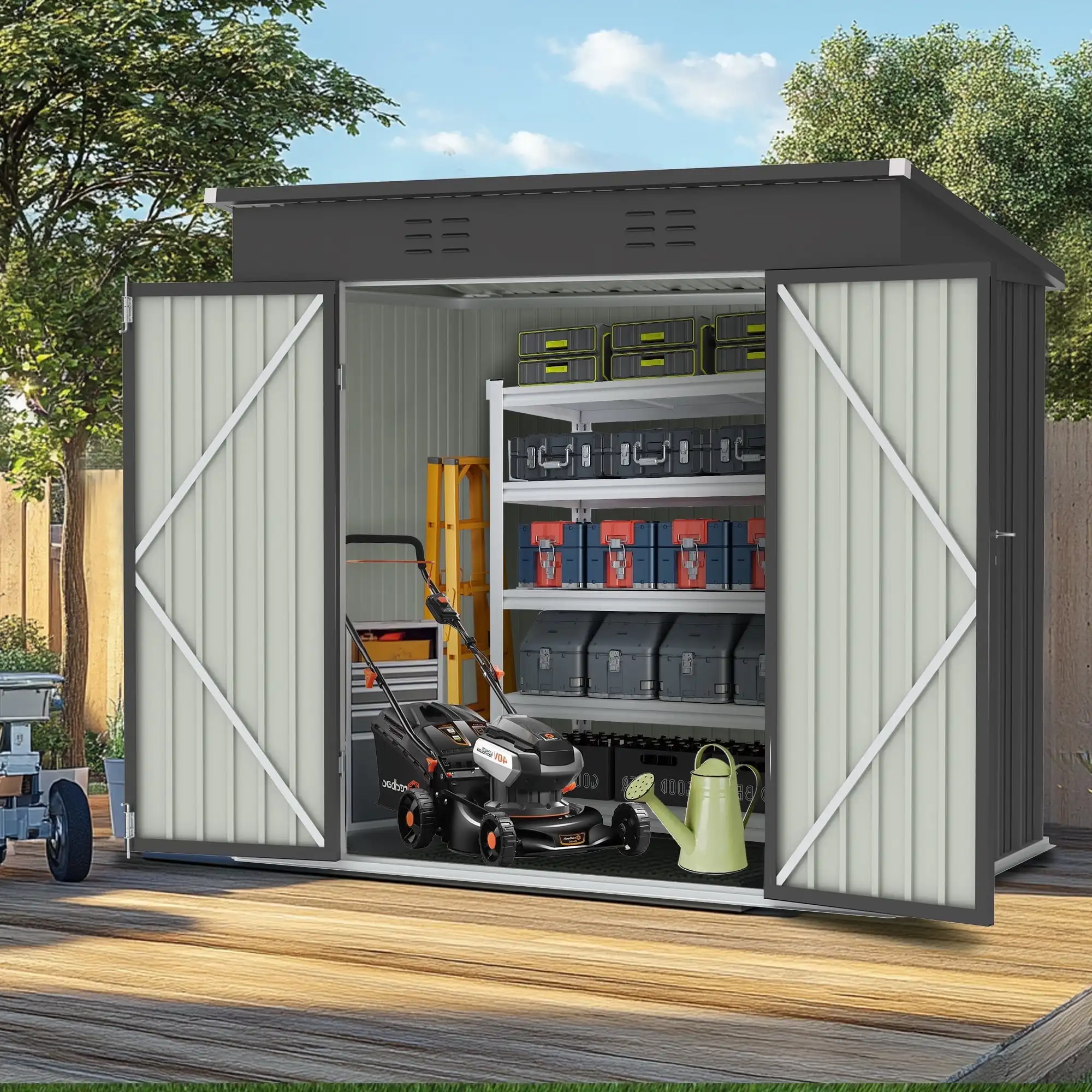 6' x 4' Outdoor Storage Shed with Metal Base, Galvanized Metal Storage Shed with Lockable Door - Image 9