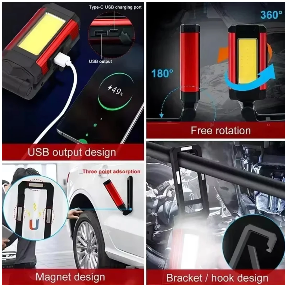 Led Work Light 10w Foldable Rechargeable Magnetic Flashlight Waterproof Flashlights Usb-cob Lamp With Hook Outdoor 6500k Lantern - Image 5