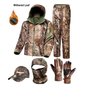 Winter and autumn windproof and waterproof tactics, camouflage hunting, fishing, bird watching, enlarged and thickened plush fabric for warmth, jungle biomimetic leaf camouflage jacket, assault jacket, long pants