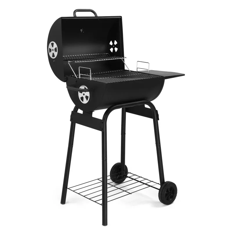 Charcoal Grills Outdoor BBQ Grill,Barrel Charcoal Grill with Side Table and Wheels, Black - Image 2