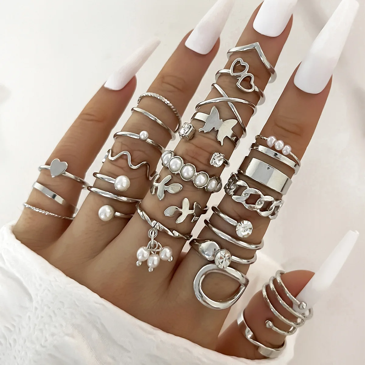 Fashion Simple Wave Joint Rings Set For Women Crystal Heart Shape Gold Silver Color Ring Female Party Jewelry - Image 10
