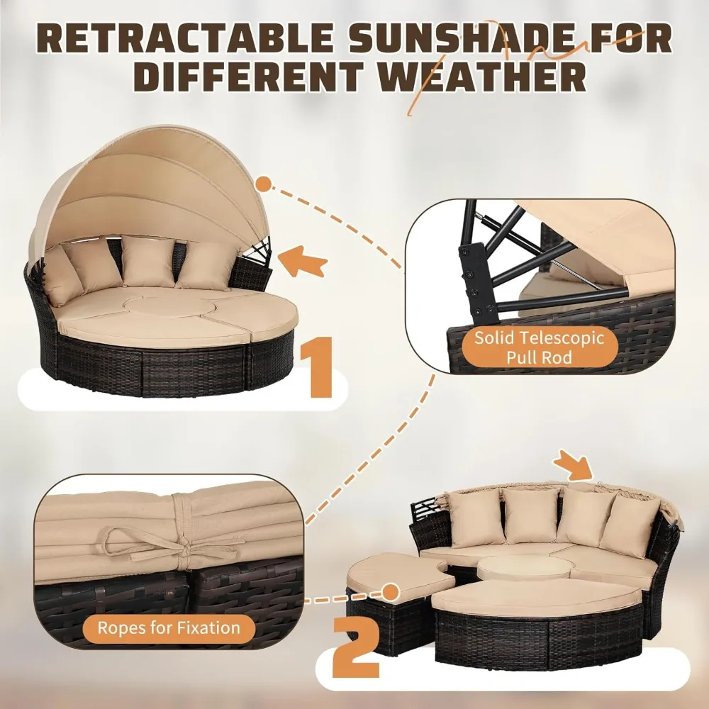 Garden Sofa Bed W/Washable Cushions, Sofa Bed Round Daybed W/Clamshell Sectional Seating Wicker Furniture & Retractable Canopy - Image 5
