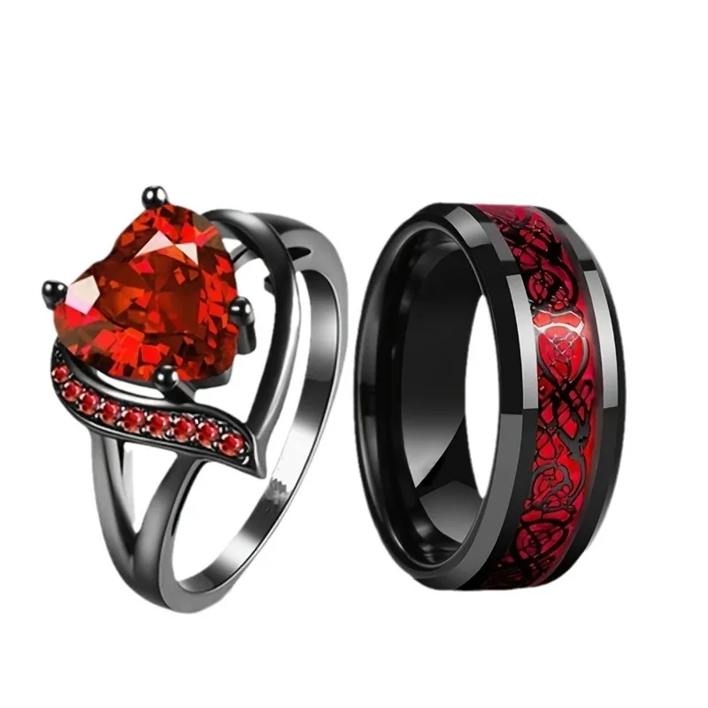 Charm Couple Rings For Men Stainless Steel Celtic Dragon Ring Heart Red Zircon Women Wedding Rings Set Valentine's Day Jewelry - Image 5