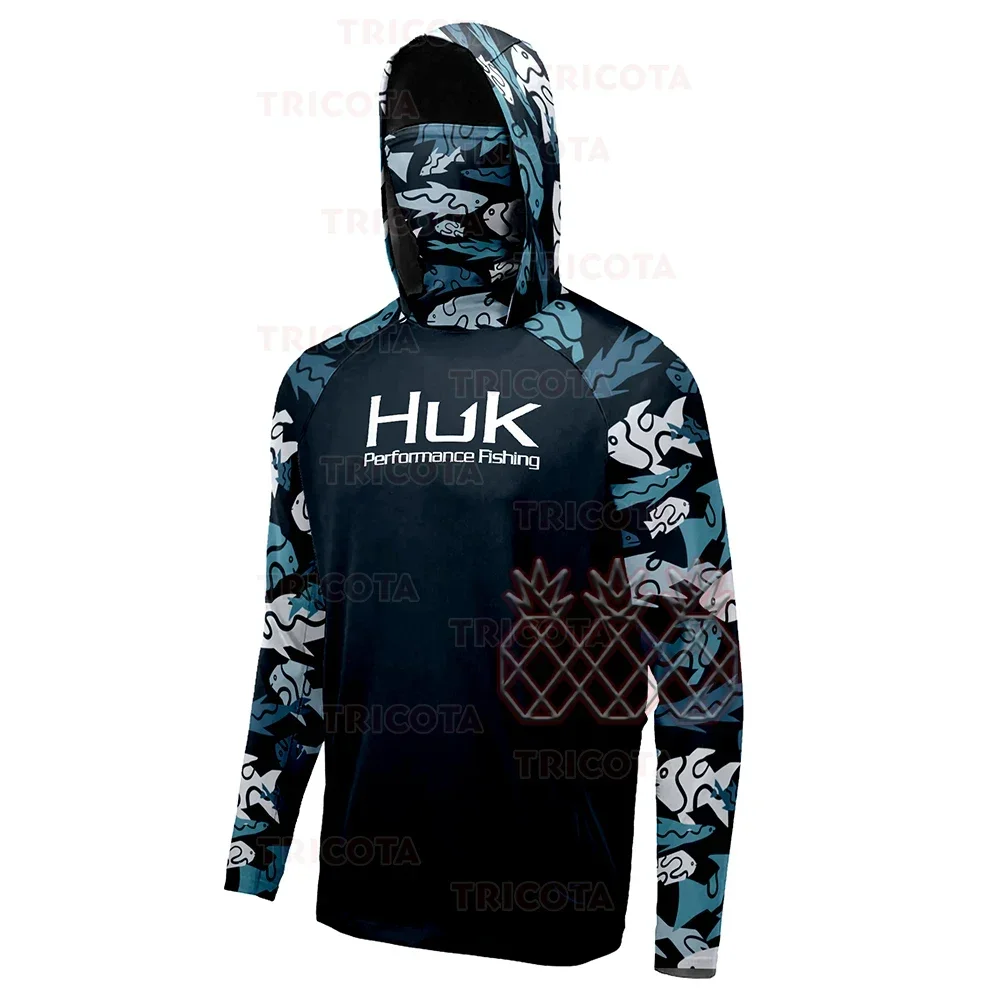 HUK UPF 50+ Long Sleeve Hooded Face Cover Fishing Shirts Quick Dry Sweatshirts Breathable UV Protection Men Fishing Jerseys