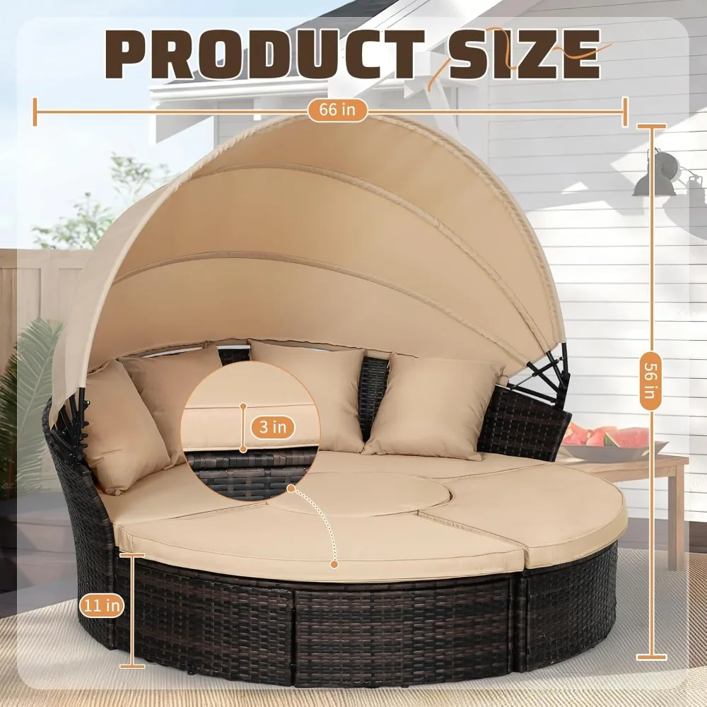 Garden Sofa Bed W/Washable Cushions, Sofa Bed Round Daybed W/Clamshell Sectional Seating Wicker Furniture & Retractable Canopy - Image 2