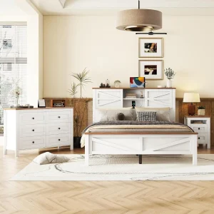 3 Piece Queen Bedroom Set, Queen Size Platform Bed with Storage Headboard