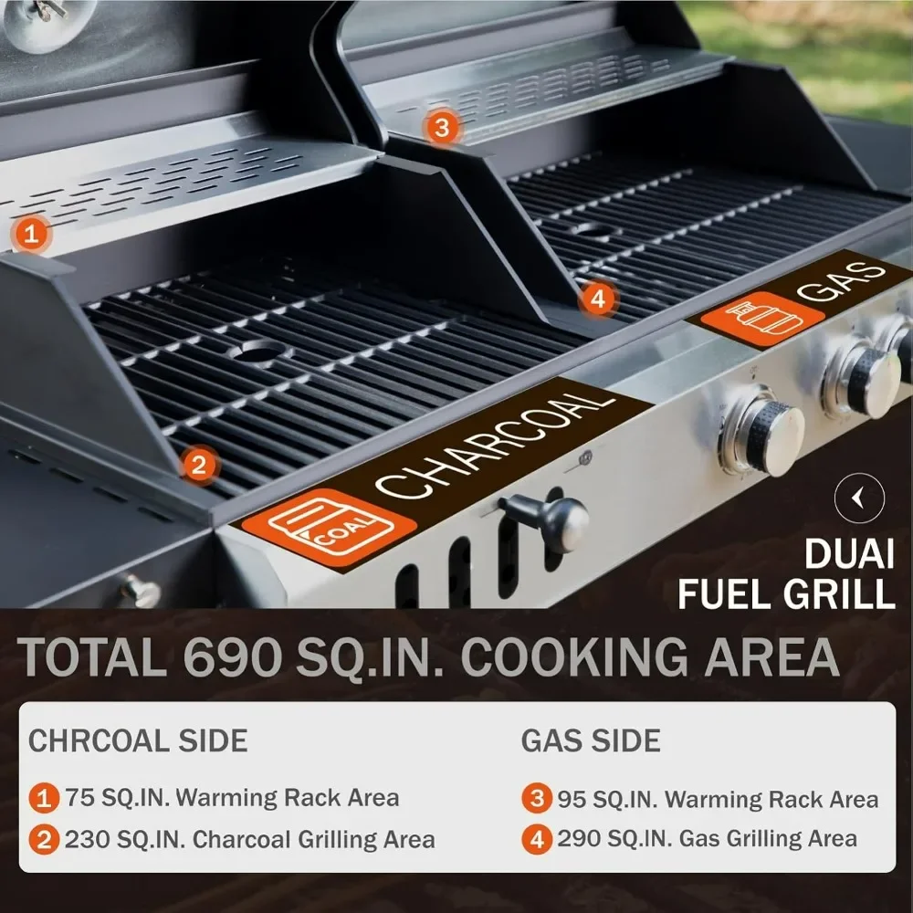 Barbecue Grill, Charcoal and Propane Gas Grill Combo with Side Burner & Porcelain-Enameled Cast Iron Grate, Dual Fuel BBQ Grill - Image 2
