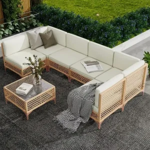 7 Piece Outdoor Patio Furniture Set, Patio Sectional Furniture Set, Wicker Outdoor Couch Sets with Glass Table and Cushions