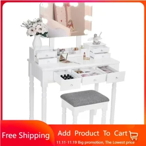 Lighted Mirror Makeup Vanity Desk Table Set Large  LED Bulbs Frameless Mirror 3 Colors Modes Dimming ，Drawers Cushioned Stool