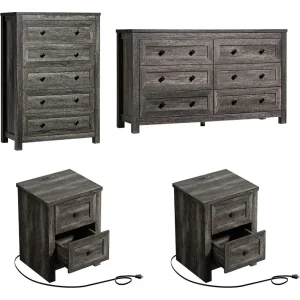 4 Pieces Farmhouse Bedroom Furniture Set, 1 X 5 Drawer Dresser, 1 X Rustic 6 Drawer Storage Dresser, Nightstand Set of 2 with Ch