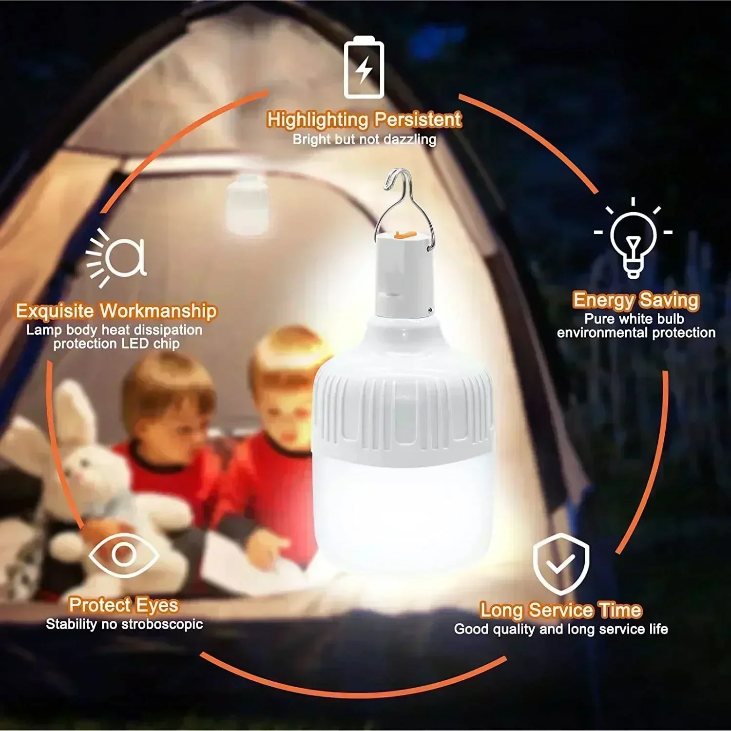 60W Emergency Light Outdoor Camping Supplies Edc Outdoor USB Rechargeable LED Light Bulb Lantern Hiking Sports Entertainment - Image 3