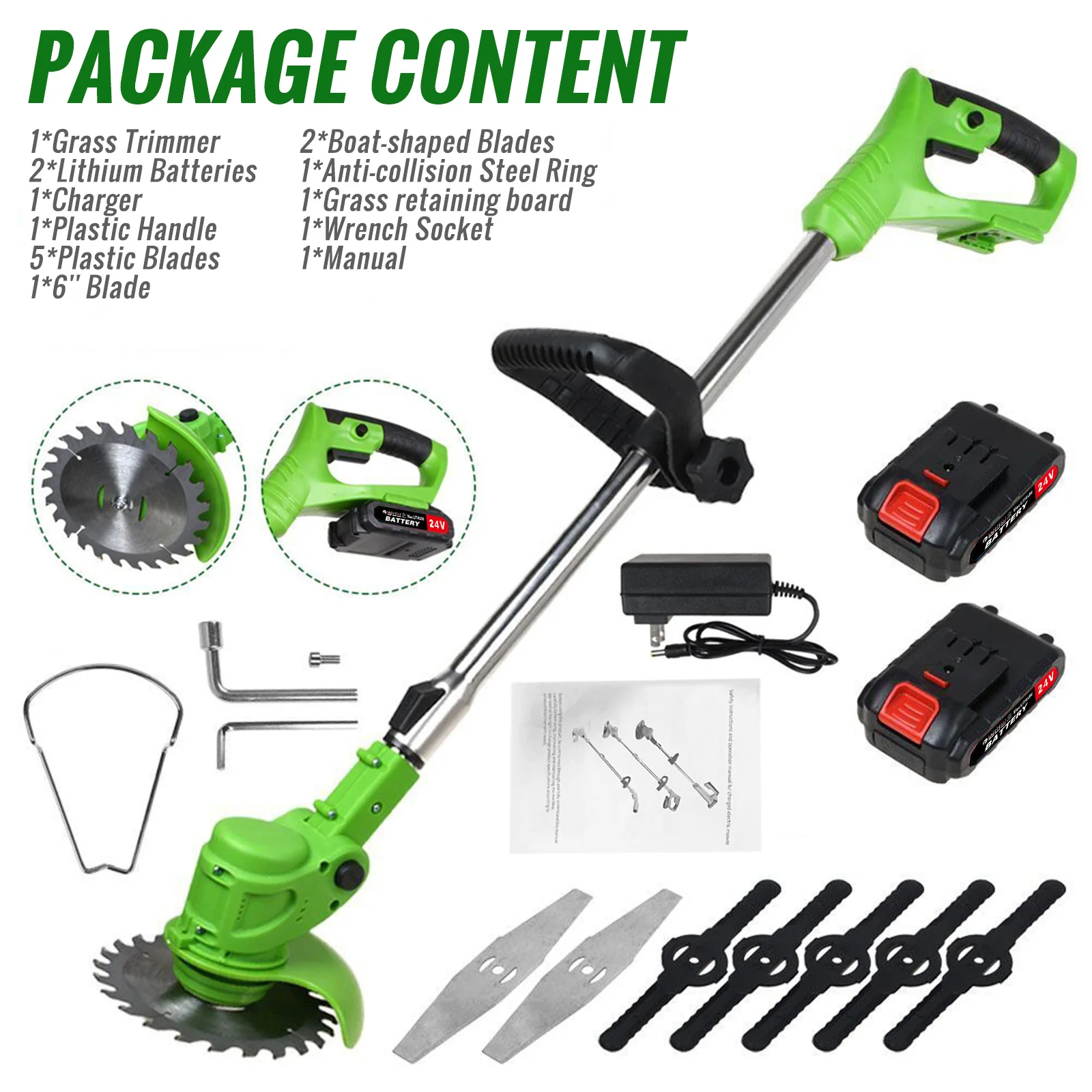 Electric Weed Lawn Edger Eater Cordless Grass String Trimmer Cutter & 2 Battery (Green) - Image 3