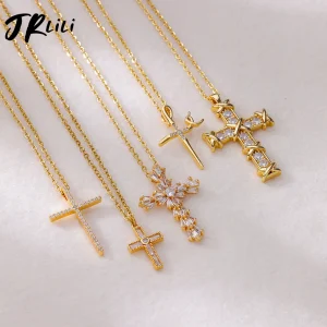 Zircon Cross Pendant Necklace for Women Gold Color Stainless Steel Collar Neckalces 2025 Trend Goth Party Wedding Jewelry Gifts