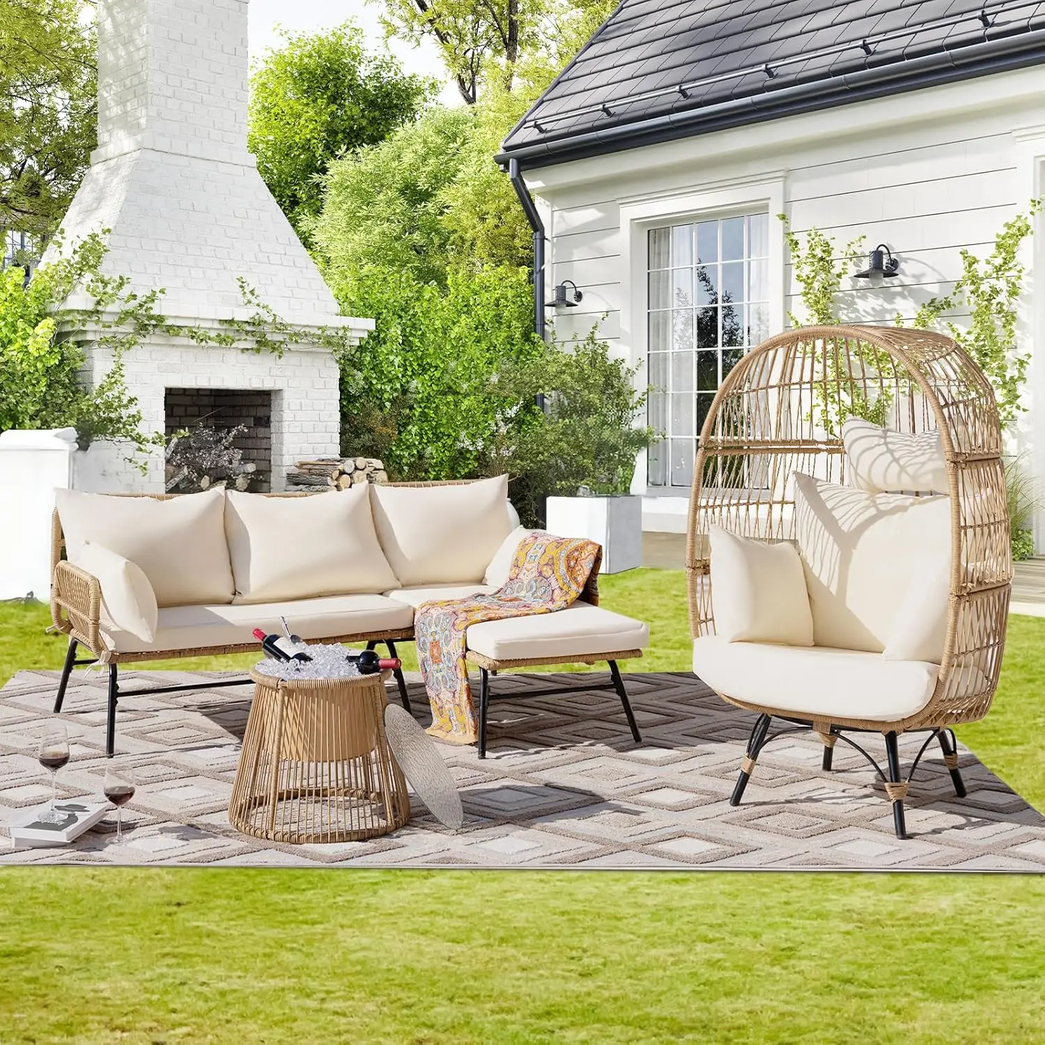 7-piece Bohemian Style Outdoor Courtyard Furniture Sofa Set, Including Egg Chairs, L-shaped Leisure Chairs, and Beige Cushions - Image 8