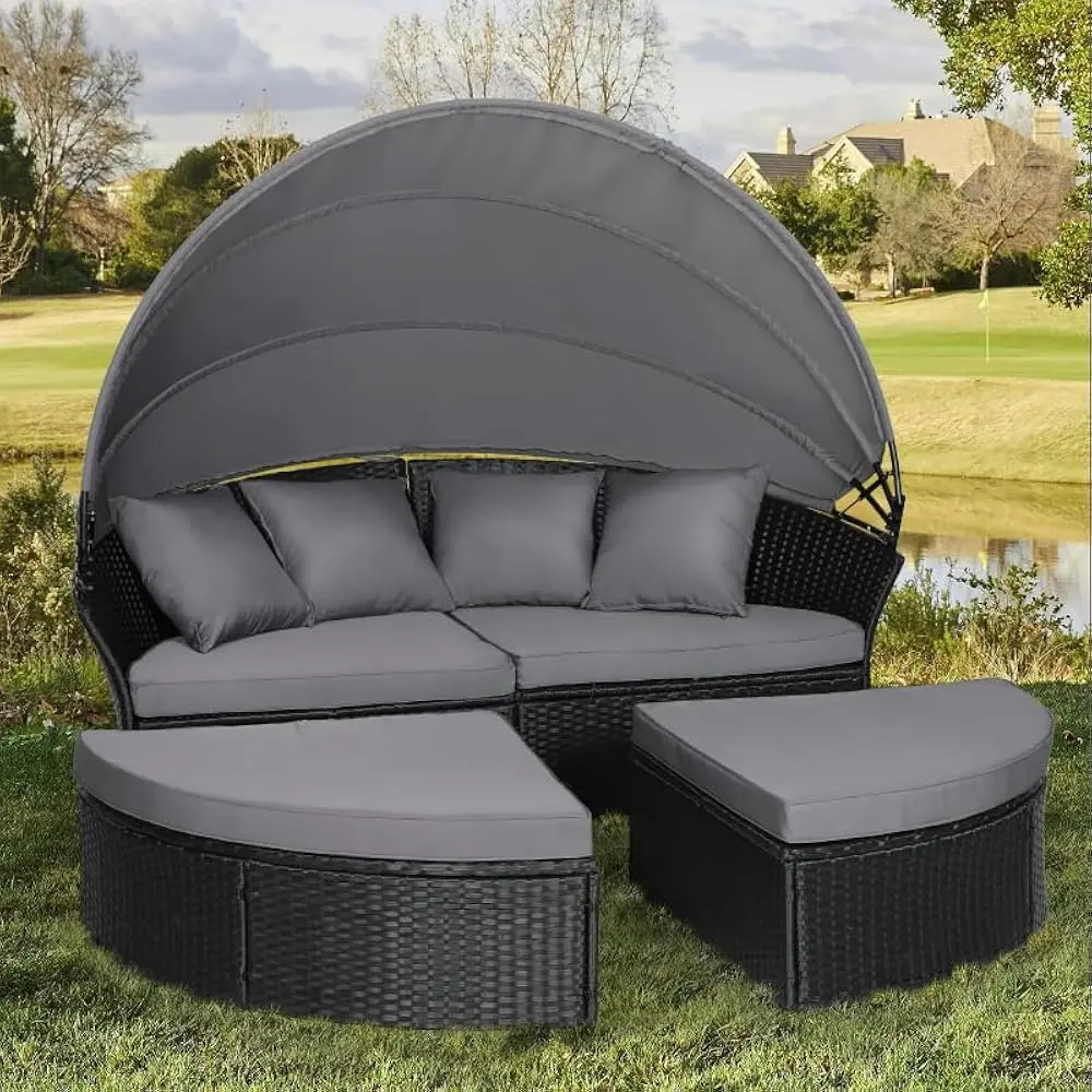 Garden Sofa Bed W/Washable Cushions, Sofa Bed Round Daybed W/Clamshell Sectional Seating Wicker Furniture & Retractable Canopy - Image 7