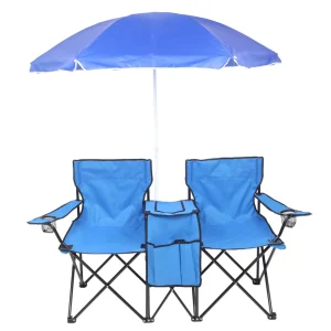 Compact 2-Seat Folding Chair with Removable Umbrella for Outdoor Use - Blue