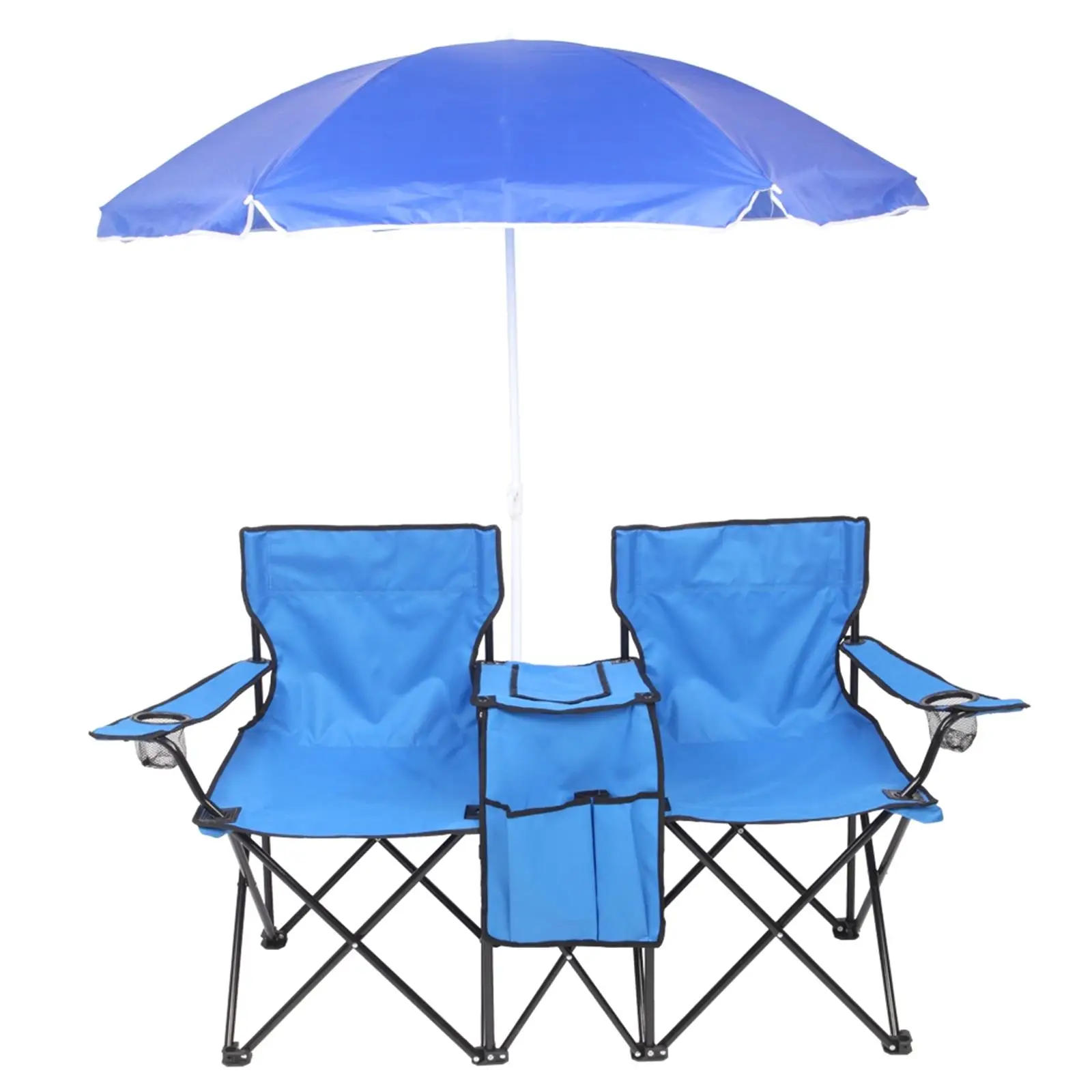 Compact 2-Seat Folding Chair with Removable Umbrella for Outdoor Use - Blue