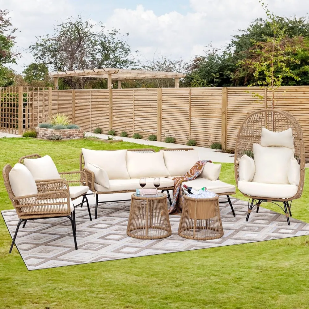 7-piece Bohemian Style Outdoor Courtyard Furniture Sofa Set, Including Egg Chairs, L-shaped Leisure Chairs, and Beige Cushions - Image 3