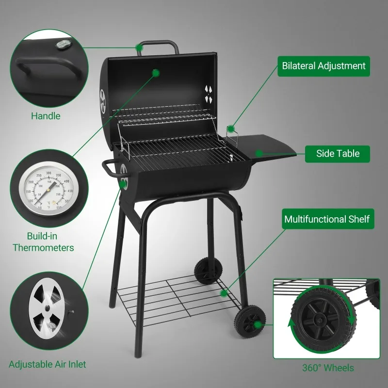 Charcoal Grills Outdoor BBQ Grill,Barrel Charcoal Grill with Side Table and Wheels, Black - Image 4