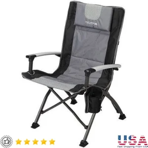Folding High Back Camping Chair with Headrest Durable Steel Frame Outdoors Adjustable Feet Cup Holder Portable Compact Storage