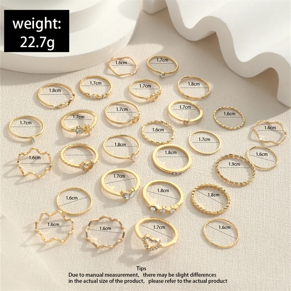 Fashion Simple Wave Joint Rings Set For Women Crystal Heart Shape Gold Silver Color Ring Female Party Jewelry - Image 2