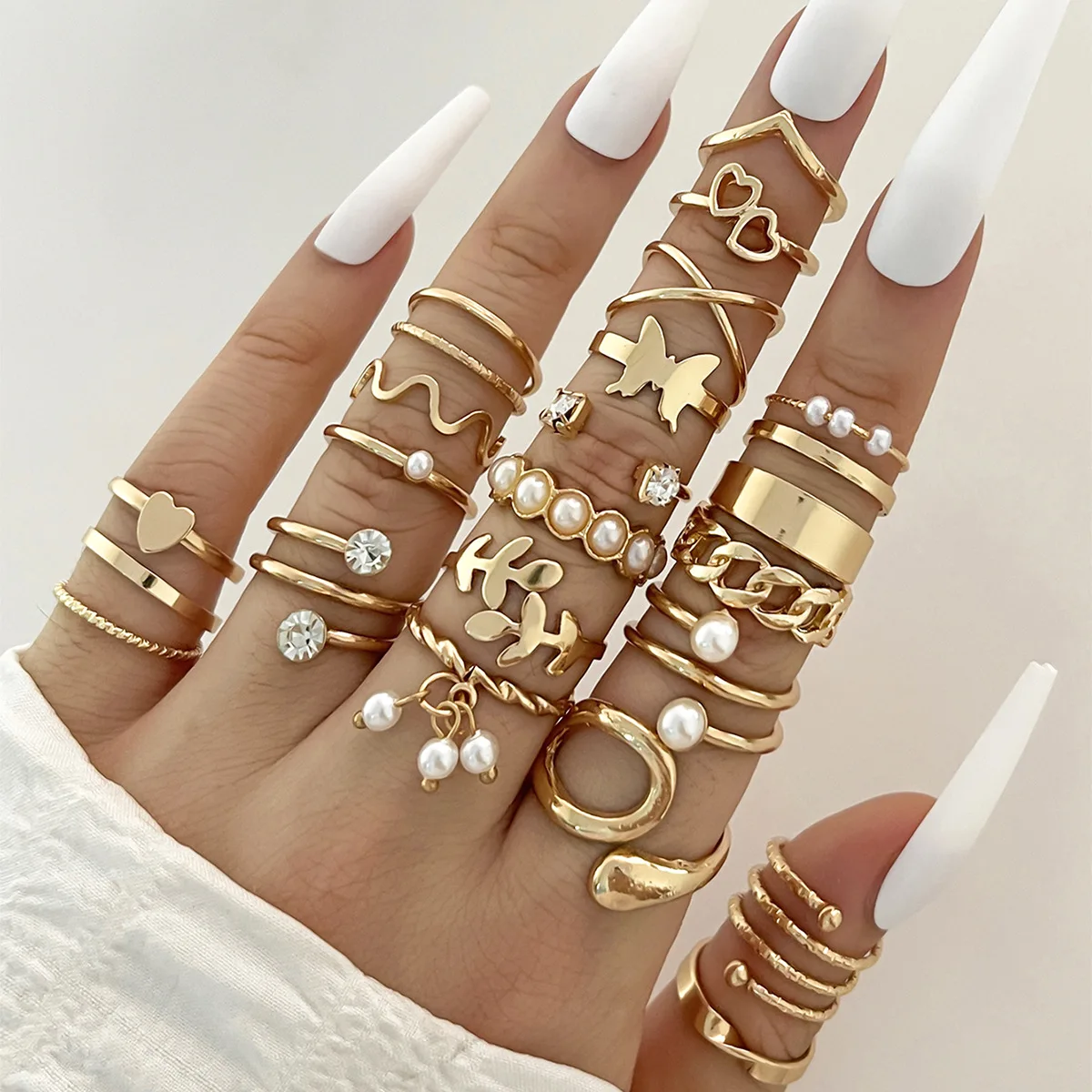Fashion Simple Wave Joint Rings Set For Women Crystal Heart Shape Gold Silver Color Ring Female Party Jewelry - Image 9