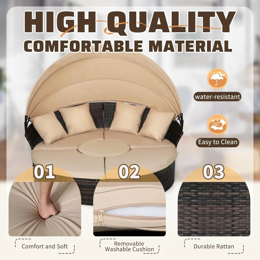 Garden Sofa Bed W/Washable Cushions, Sofa Bed Round Daybed W/Clamshell Sectional Seating Wicker Furniture & Retractable Canopy - Image 4
