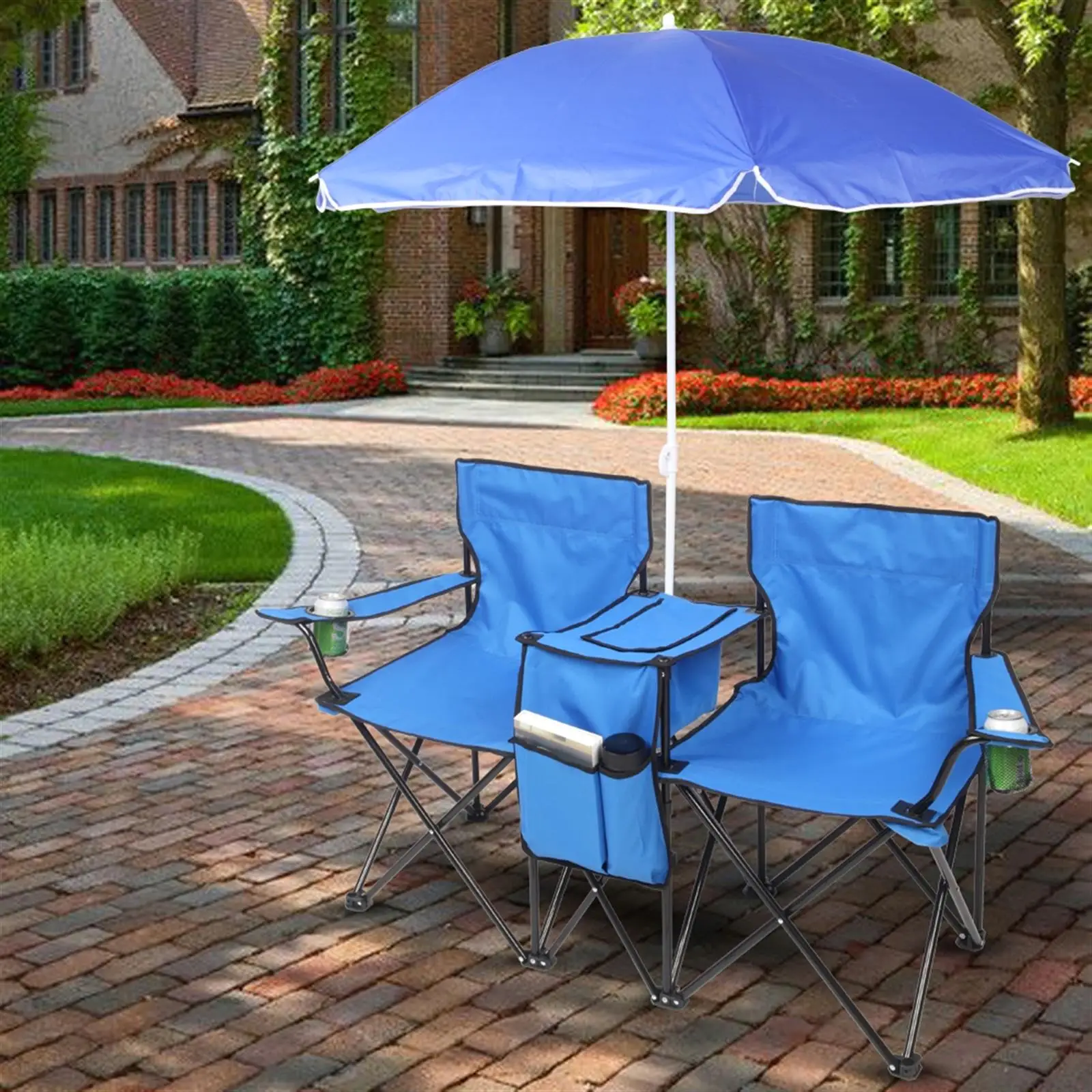 Compact 2-Seat Folding Chair with Removable Umbrella for Outdoor Use - Blue - Image 6