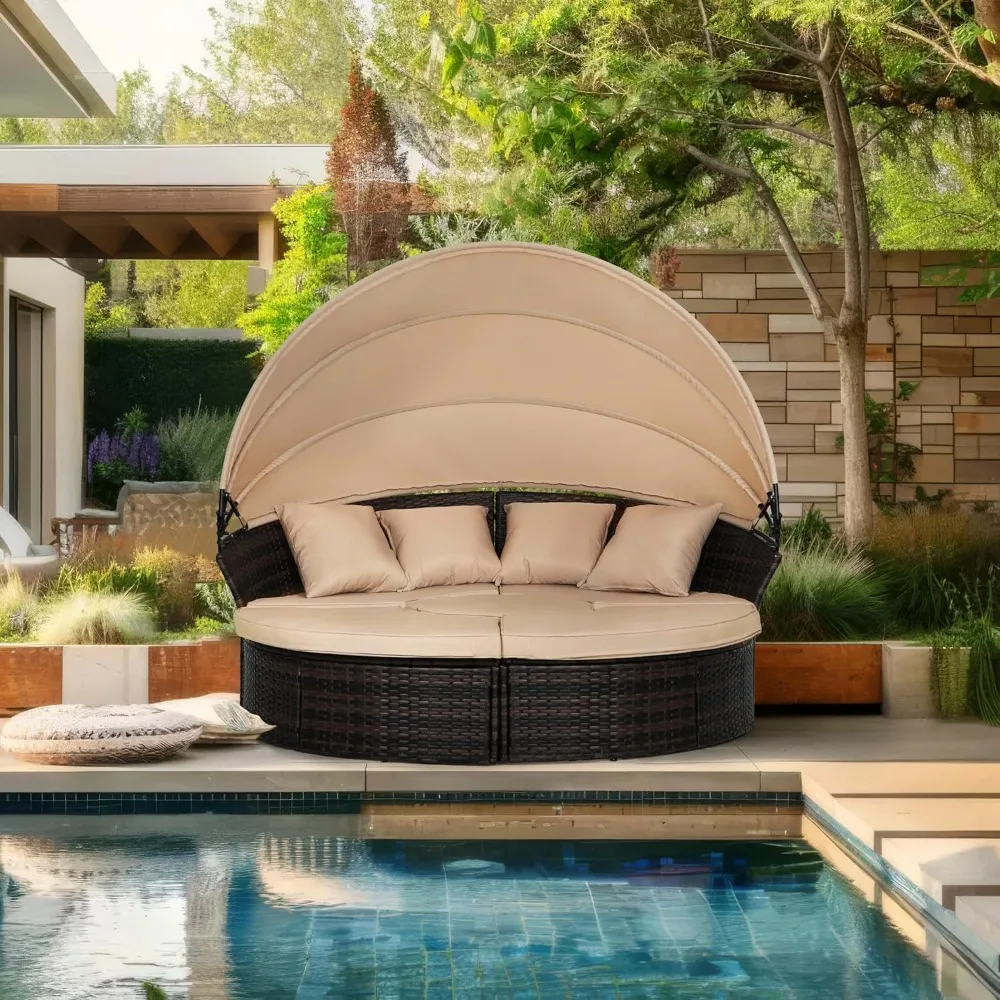 Garden Sofa Bed W/Washable Cushions, Sofa Bed Round Daybed W/Clamshell Sectional Seating Wicker Furniture & Retractable Canopy - Image 3