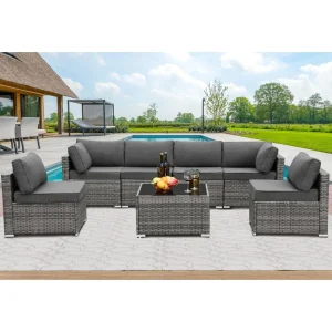 7 Pieces Outdoor Sectional Furniture, Patio Furniture Sets w/Cushions and Coffee Table, All Weather Wicker Outdoor Patio Convers