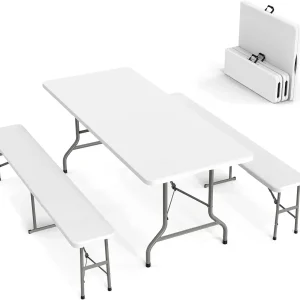 Picnic Table Set with 2 Benches, 6 Feet Camping Table Chair Set,Folding Furniture for Indoor or Outdoor Use, Smooth Tabletop