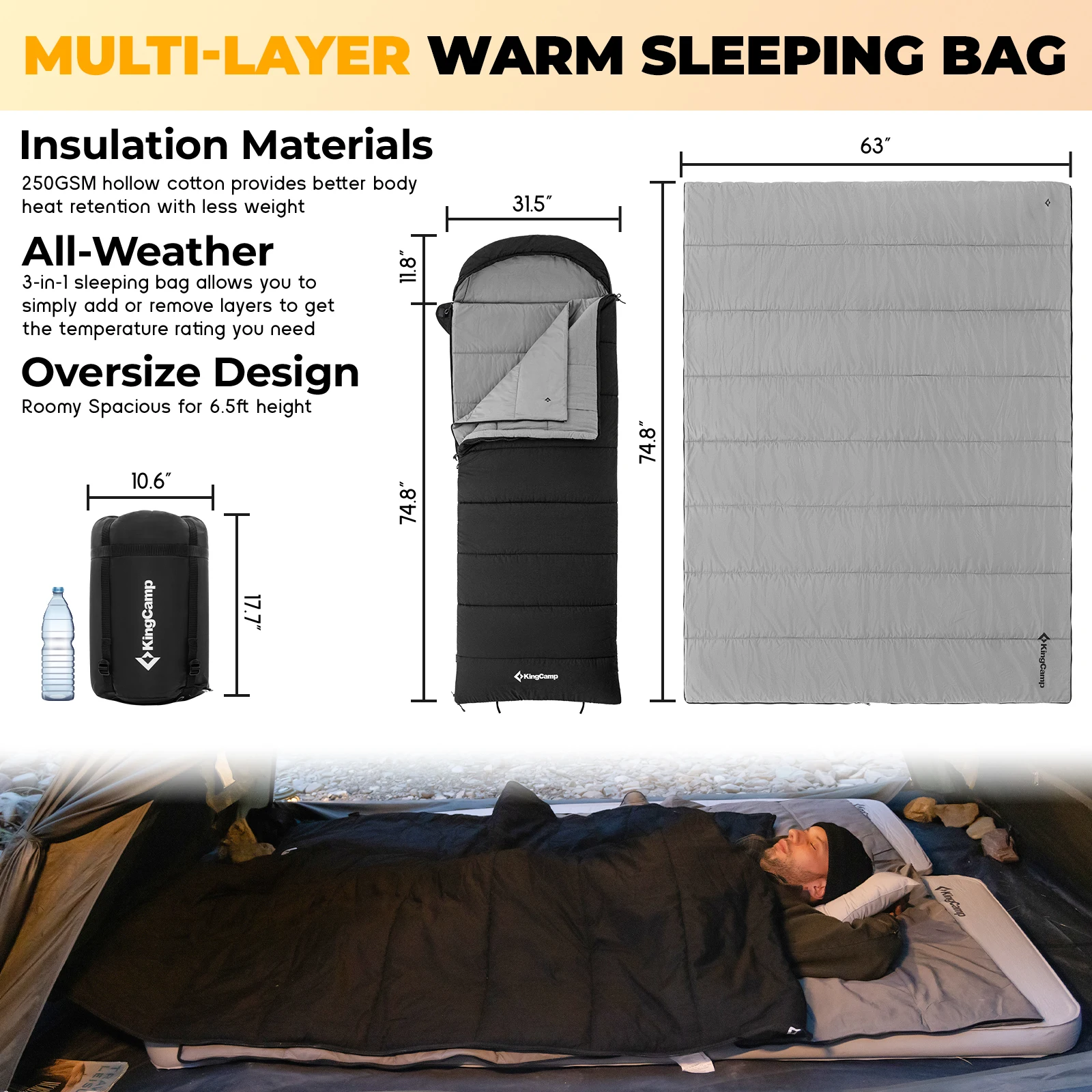 KingCamp 3-in-1 Envelope Hooded Sleeping Bag, Detachable And Flexible Double Blanket, Sleeping Bag For All Season Camping Hiking - Image 2
