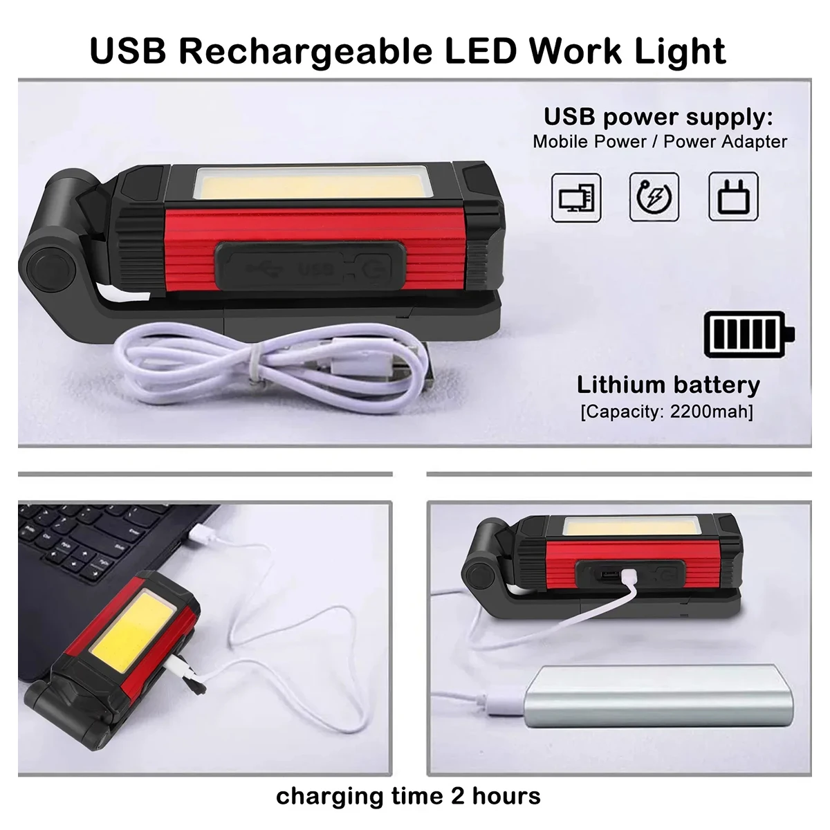 Led Work Light 10w Foldable Rechargeable Magnetic Flashlight Waterproof Flashlights Usb-cob Lamp With Hook Outdoor 6500k Lantern - Image 3