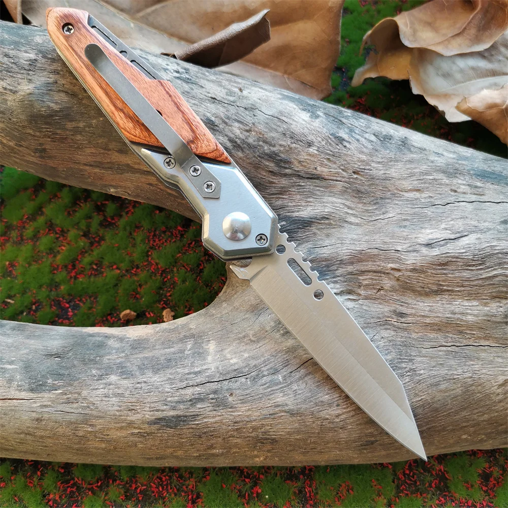 Anti-slip Wooden Handle Folding Knife for Tactical Outdoor Survival and Multi-functional Cutting Tasks - Image 3