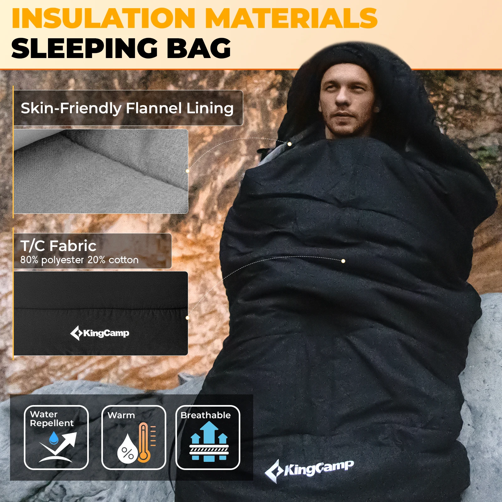 KingCamp 3-in-1 Envelope Hooded Sleeping Bag, Detachable And Flexible Double Blanket, Sleeping Bag For All Season Camping Hiking - Image 4
