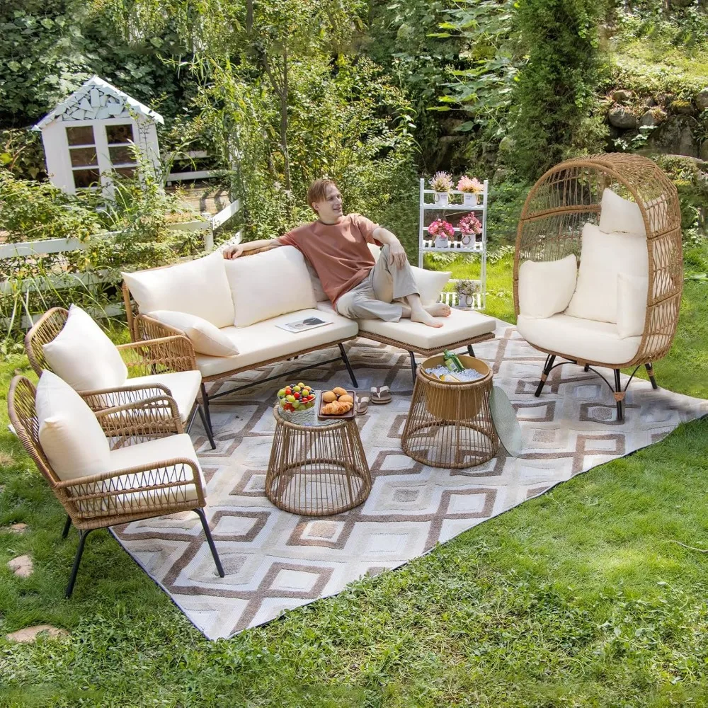 7-piece Bohemian Style Outdoor Courtyard Furniture Sofa Set, Including Egg Chairs, L-shaped Leisure Chairs, and Beige Cushions - Image 2