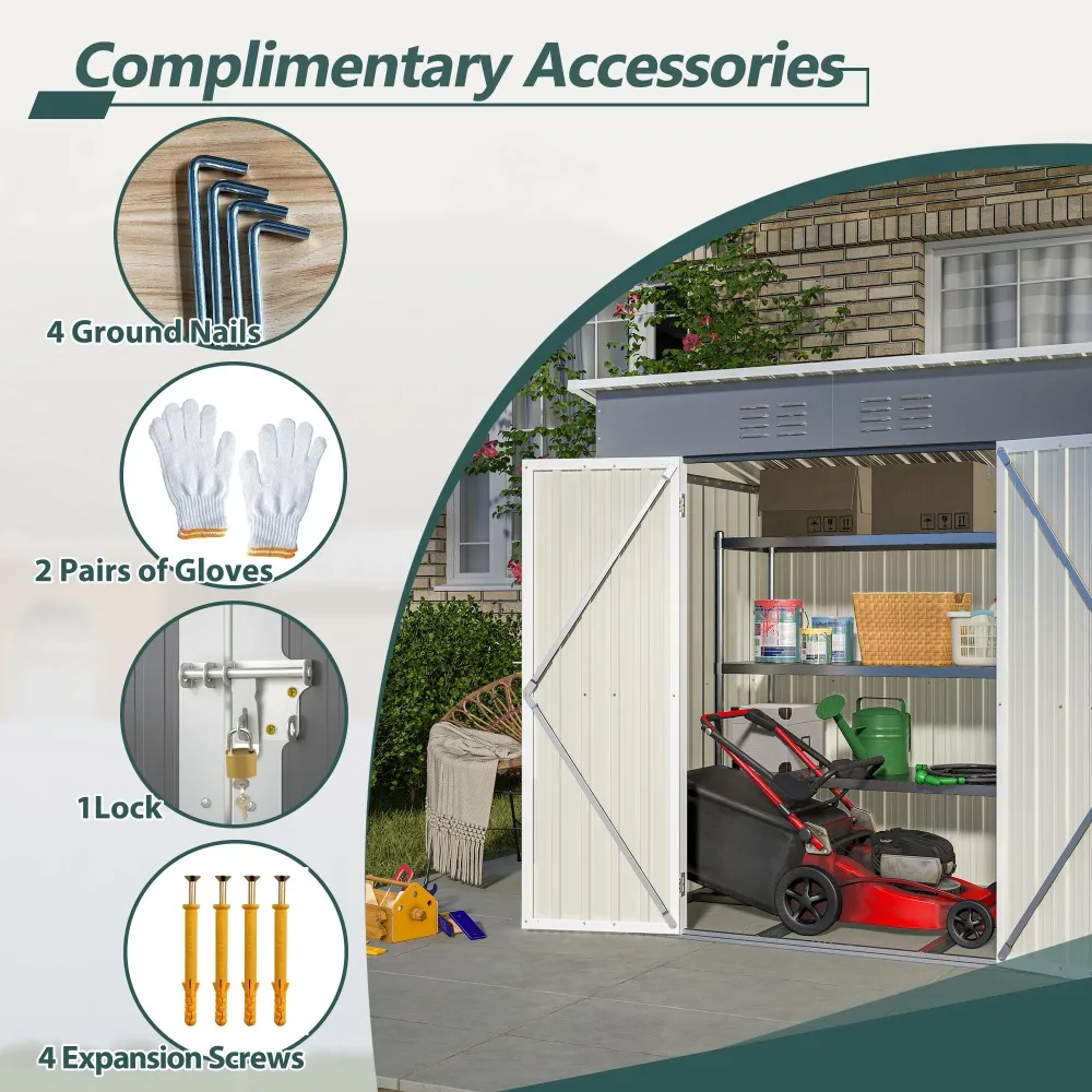 6' x 4' Outdoor Storage Shed with Metal Base, Galvanized Metal Storage Shed with Lockable Door - Image 3