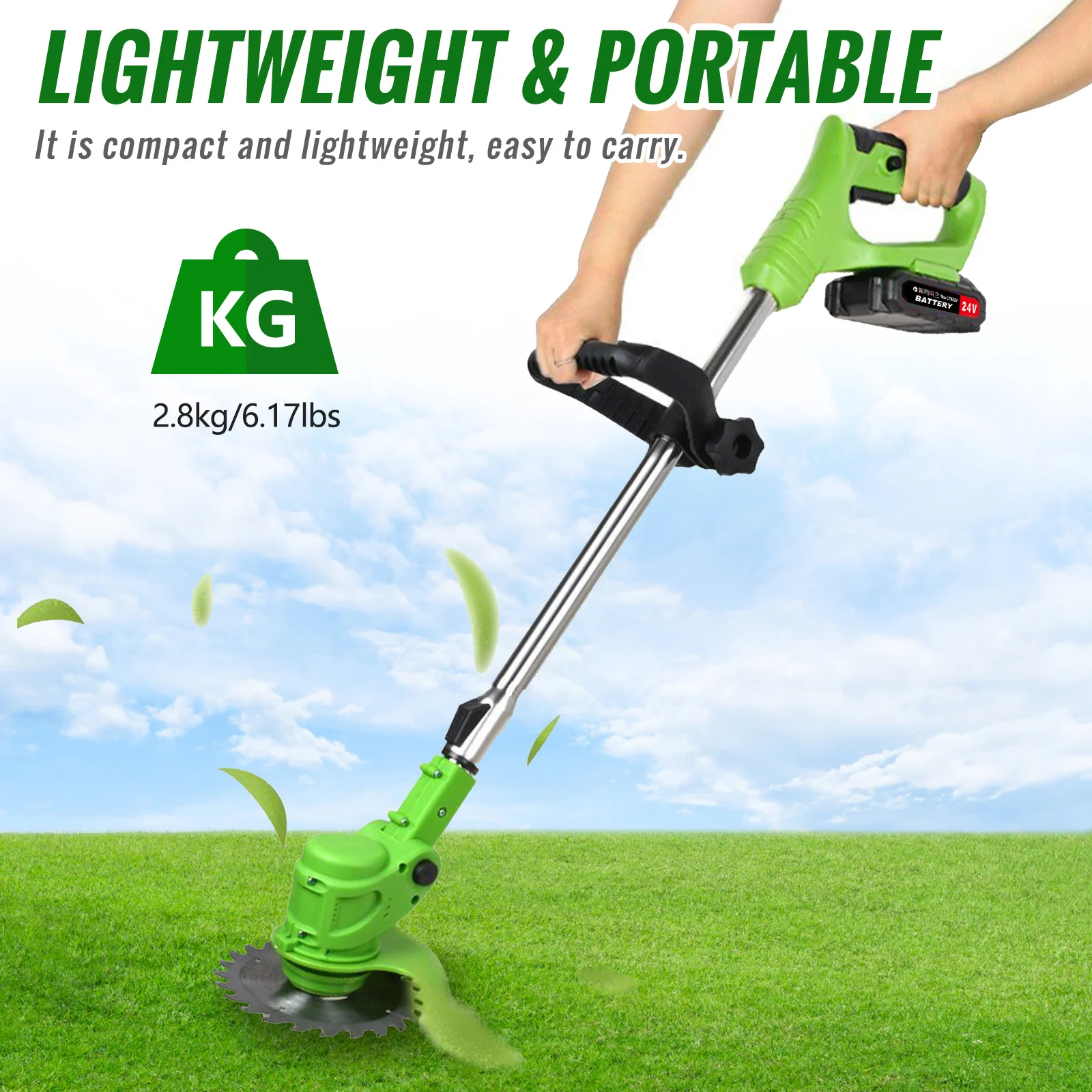 Electric Weed Lawn Edger Eater Cordless Grass String Trimmer Cutter & 2 Battery (Green) - Image 2