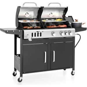 Barbecue Grill, Charcoal and Propane Gas Grill Combo with Side Burner & Porcelain-Enameled Cast Iron Grate, Dual Fuel BBQ Grill