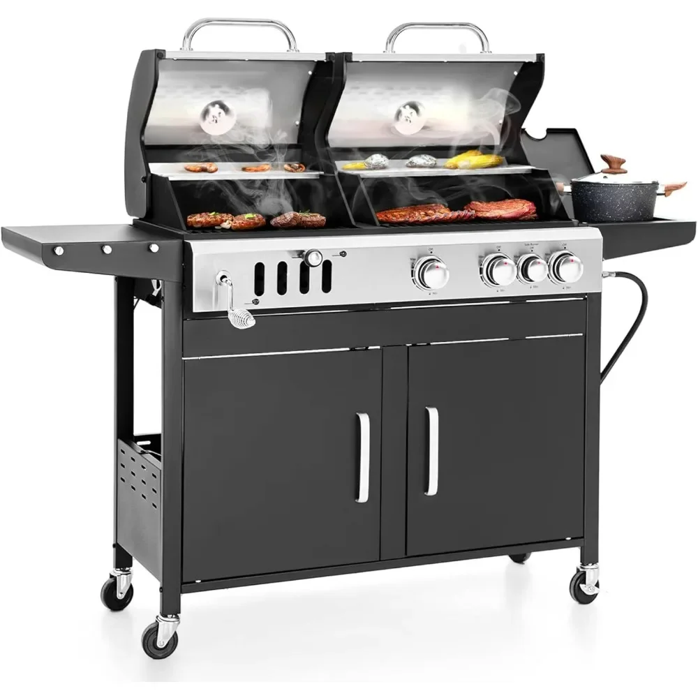 Barbecue Grill, Charcoal and Propane Gas Grill Combo with Side Burner & Porcelain-Enameled Cast Iron Grate, Dual Fuel BBQ Grill