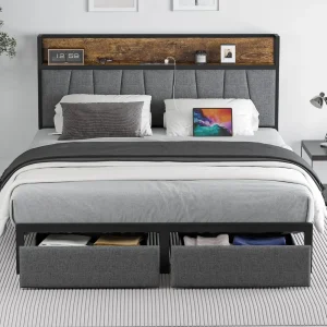Bed Frame with Headboard and Storage, Drawers Platform Bed Frame with Storage Chargin Station LED Light Bedframe
