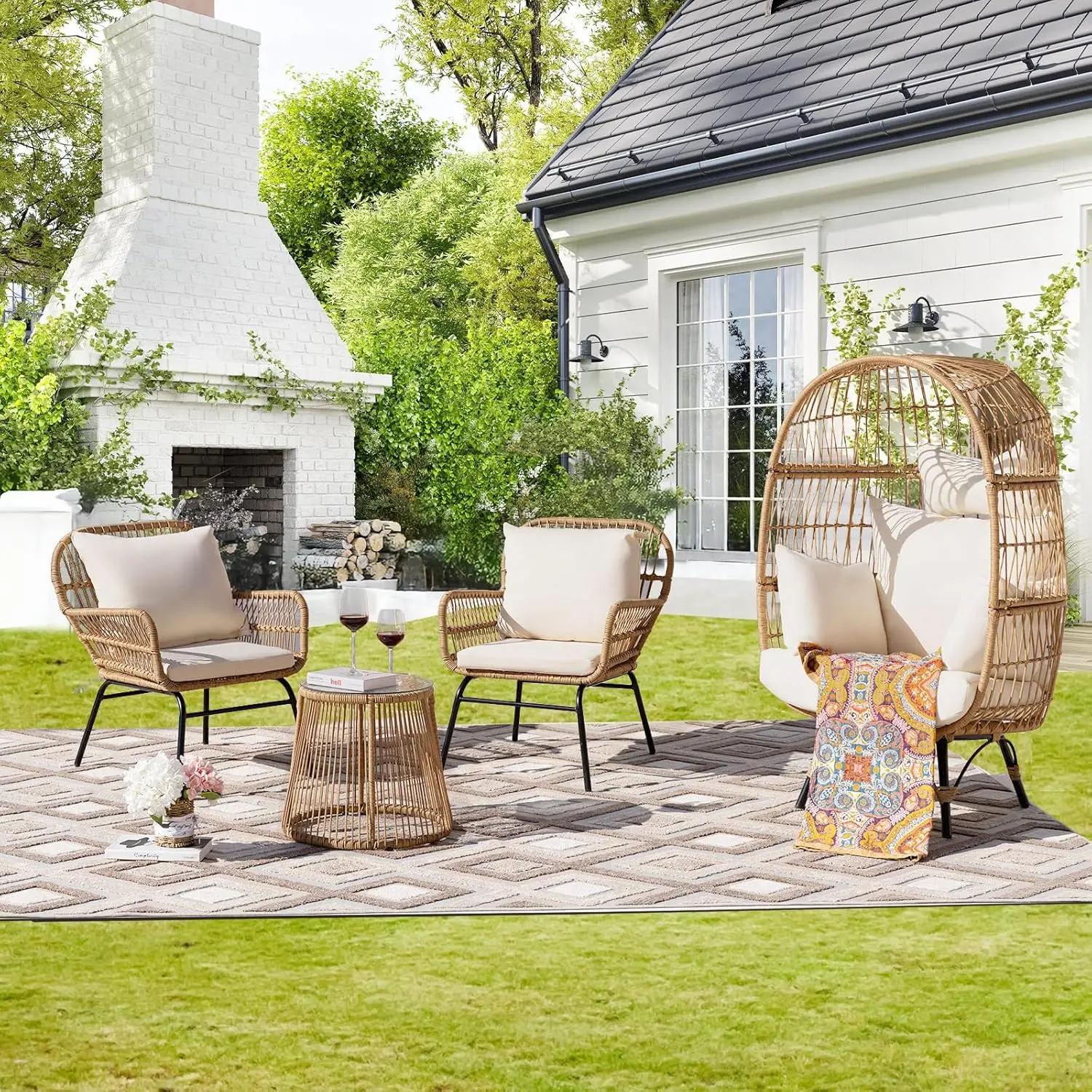 7-piece Bohemian Style Outdoor Courtyard Furniture Sofa Set, Including Egg Chairs, L-shaped Leisure Chairs, and Beige Cushions - Image 9