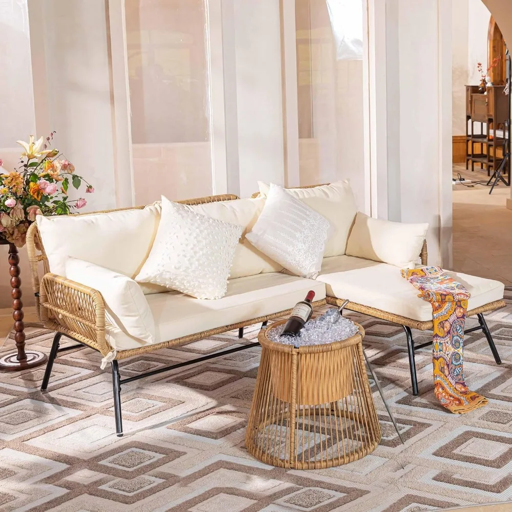 7-piece Bohemian Style Outdoor Courtyard Furniture Sofa Set, Including Egg Chairs, L-shaped Leisure Chairs, and Beige Cushions - Image 4