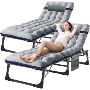 Folding Lounge Chair with Mattress, 5 Position Adjustable Folding Sleeping Bed Cot Chaise Lounge Chairs Perfect for Sunbathing,