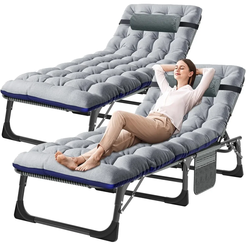 Folding Lounge Chair with Mattress, 5 Position Adjustable Folding Sleeping Bed Cot Chaise Lounge Chairs Perfect for Sunbathing,