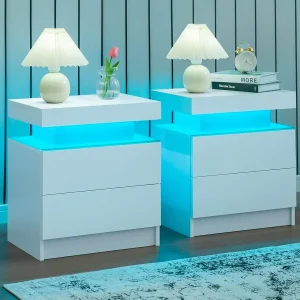 Nightstand Set of 2 LED Nightstand, Bedside Table with Drawers for Bedroom Furniture, Side Bed Table with LED Light, White